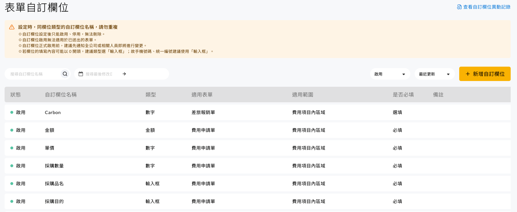 表單自訂欄位列表的搜尋與排序選項