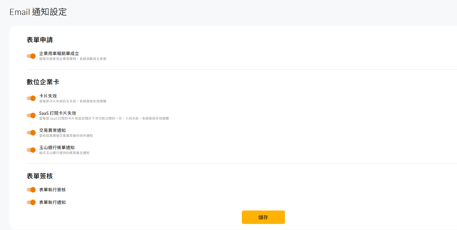 Email 通知設定畫面,可分類勾選要接收的通知項目
