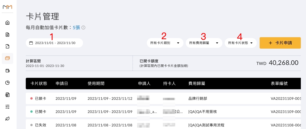 卡片管理列表頁面，可依時間、卡片類別、費用歸屬與卡片狀態檢索