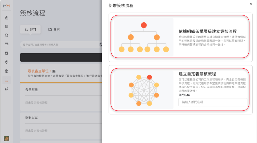 簽核流程的建立方式選擇畫面