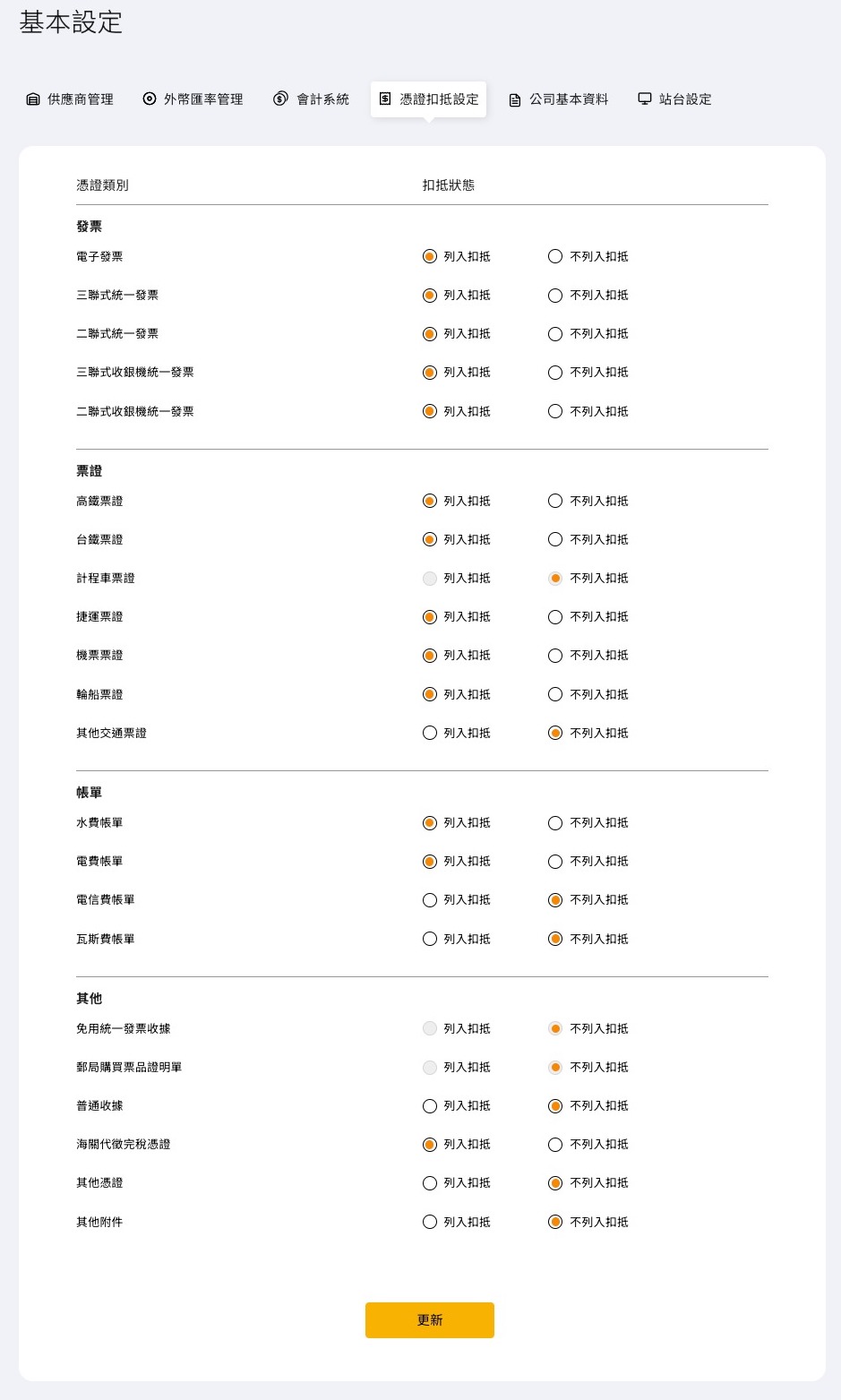 憑證扣抵設定畫面，列出各憑證類別及其是否列入扣抵