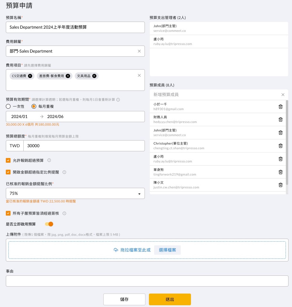 新增第一層預算的欄位填寫畫面