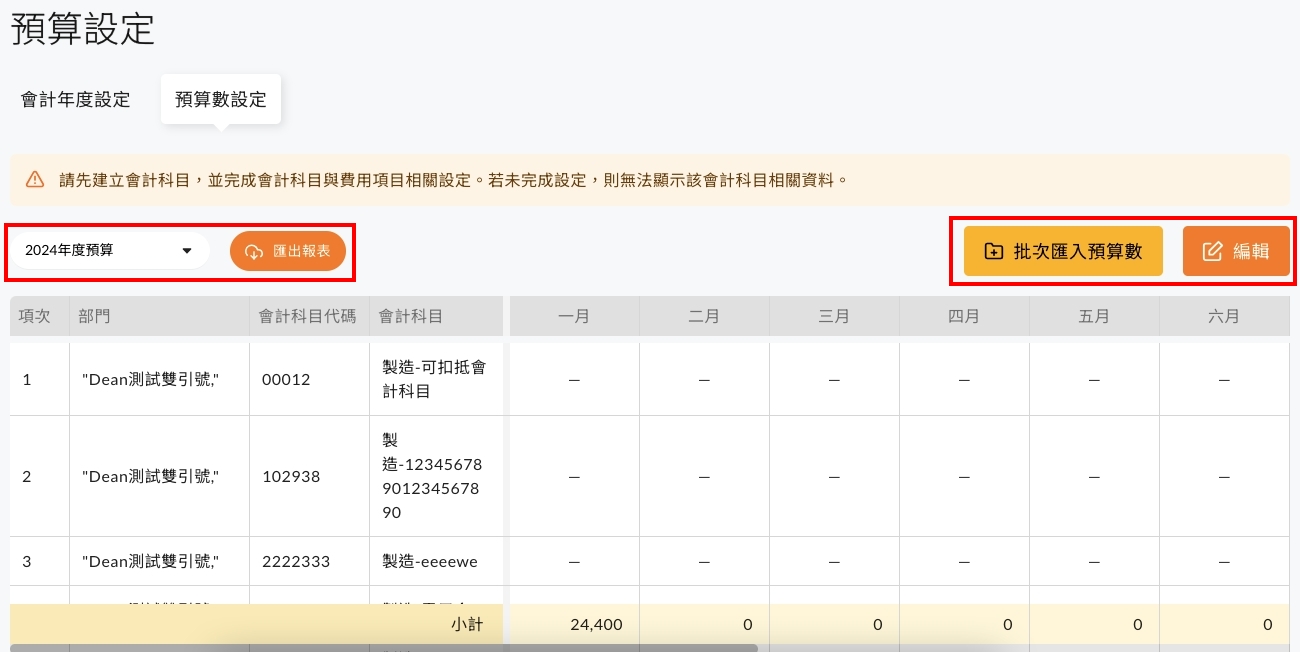 預算數設定的全視窗填寫畫面