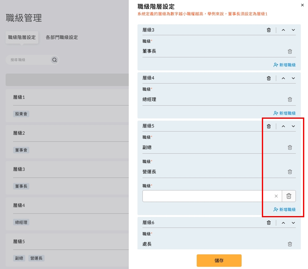 職級階層設定畫面,可定義各層級下的職級名稱