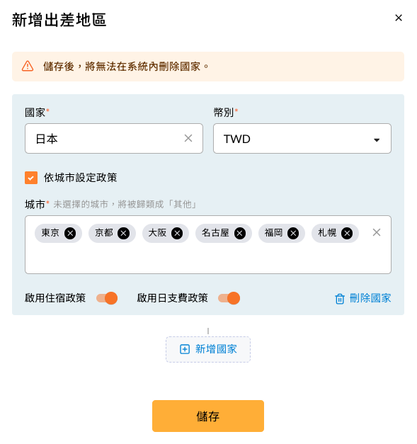 出差地區設定的新增畫面,包含國家、幣別與區域欄位