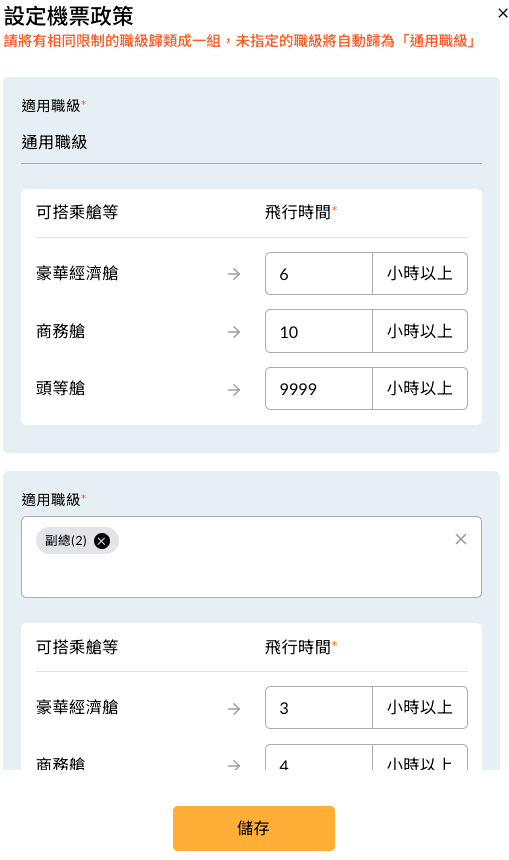 新增職級群組後的機票政策設定畫面