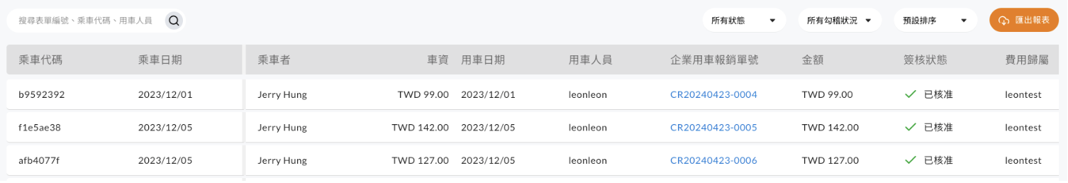 乘車明細清單並排呈現車隊資料與系統報銷單資料，含簽核狀態