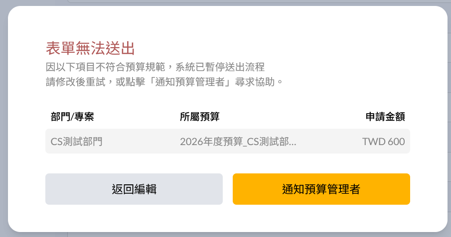 送出失敗時顯示的預算問題提示視窗