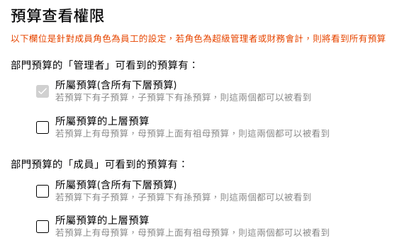 功能權限頁籤中的「預算查看權限」設定區塊
