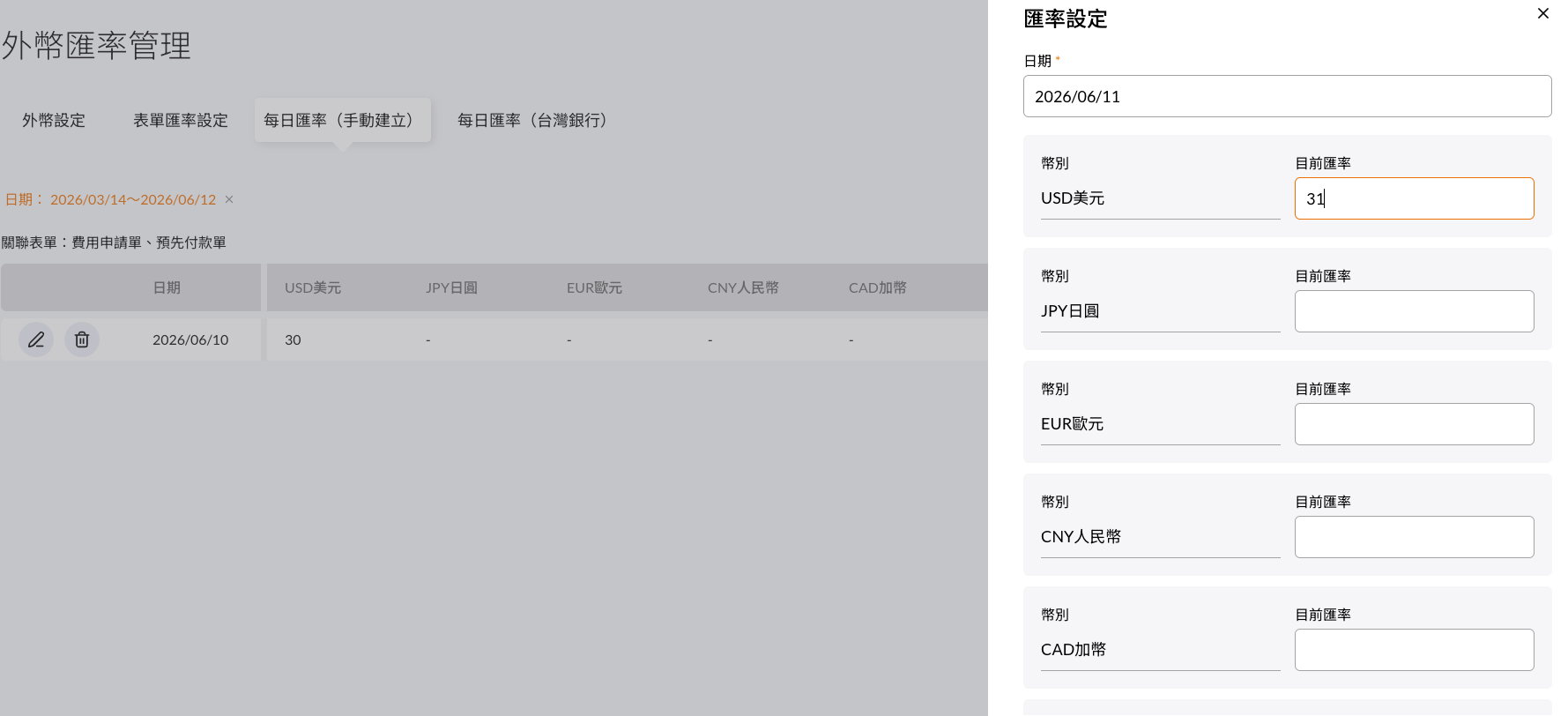 每日匯率手動建立分頁，可逐日設定或批次上傳各幣別匯率