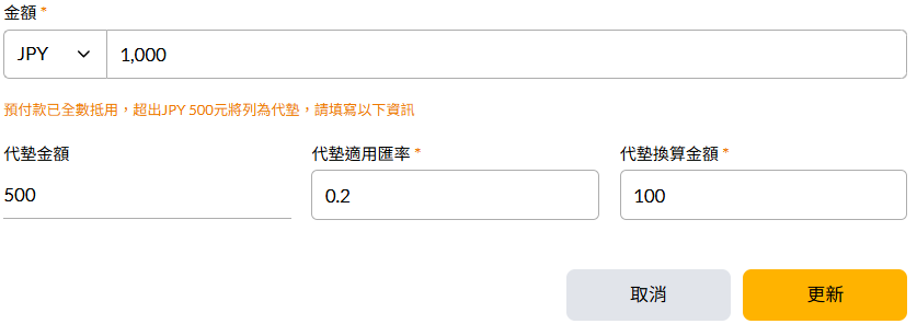 外幣金額超出預付時,提示「預付款已全數抵用,超出部分將列為代墊」,下方為代墊金額、代墊適用匯率與代墊換算金額欄位