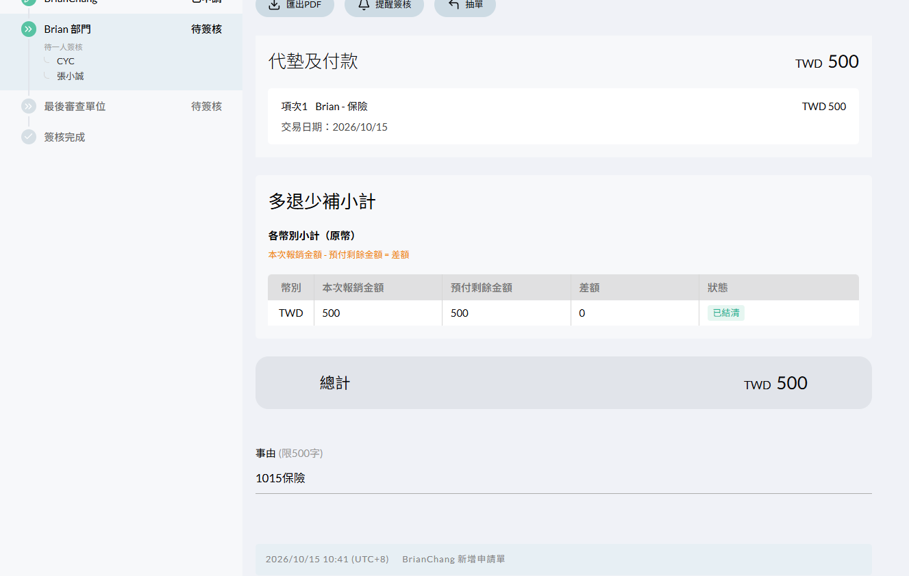 預先付款報銷單的「多退少補小計」,報銷金額與預付剩餘金額相同,差額為 0,狀態顯示「已結清」