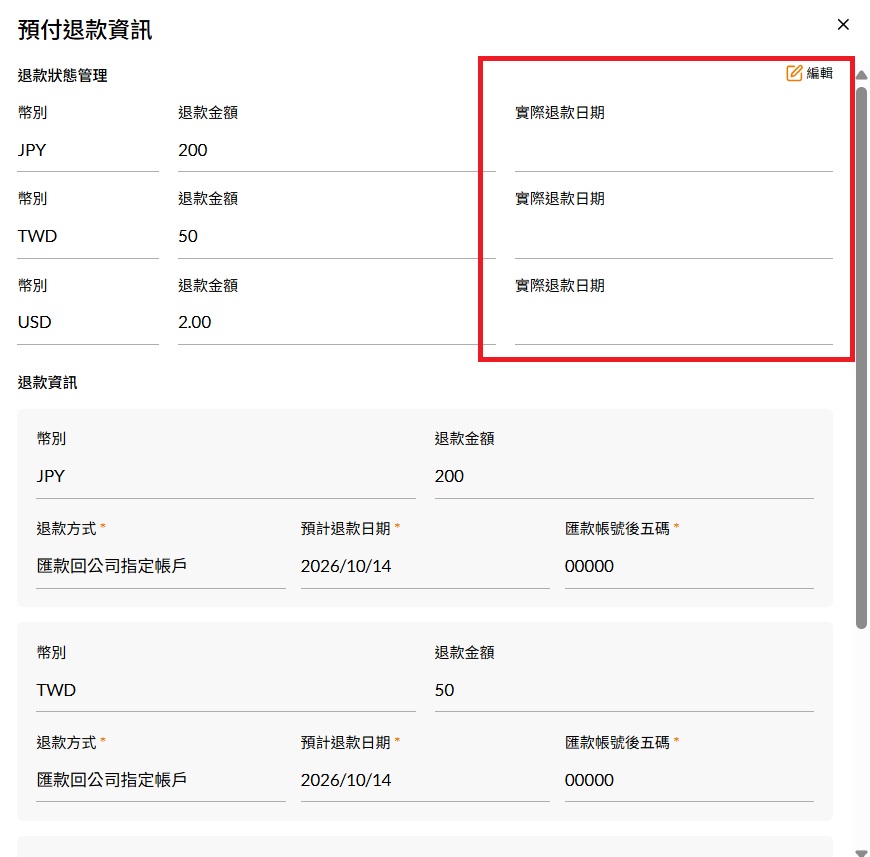 「預付退款資訊」視窗的「退款狀態管理」區塊,標示右上角「編輯」與各幣別的實際退款日期欄位