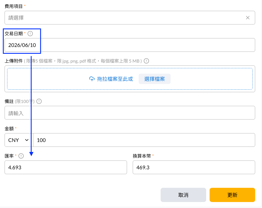 COMMEET 費用報銷單外幣欄位，依交易日期帶入換算匯率