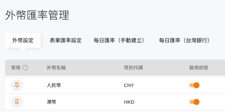COMMEET 外幣匯率管理外幣設定頁面，可啟用外幣與設定常用幣別