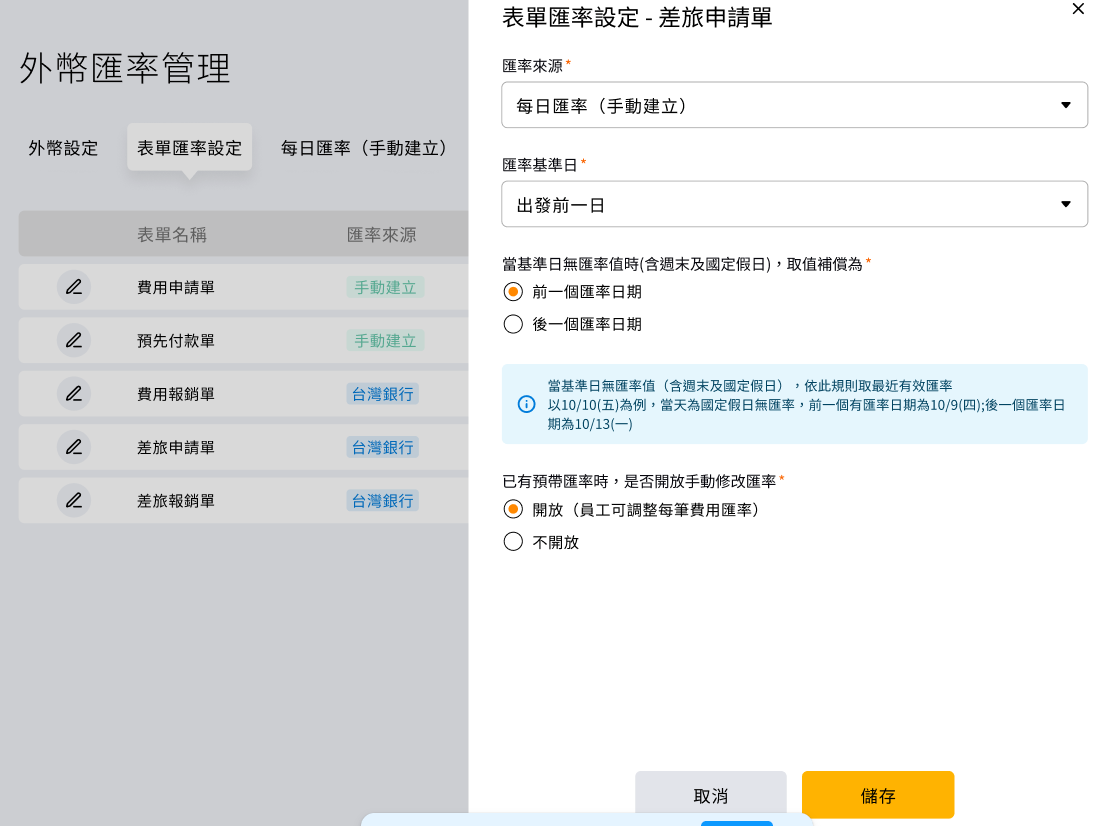 COMMEET 表單匯率設定側邊欄，可選擇匯率來源、基準日與是否允許員工修改